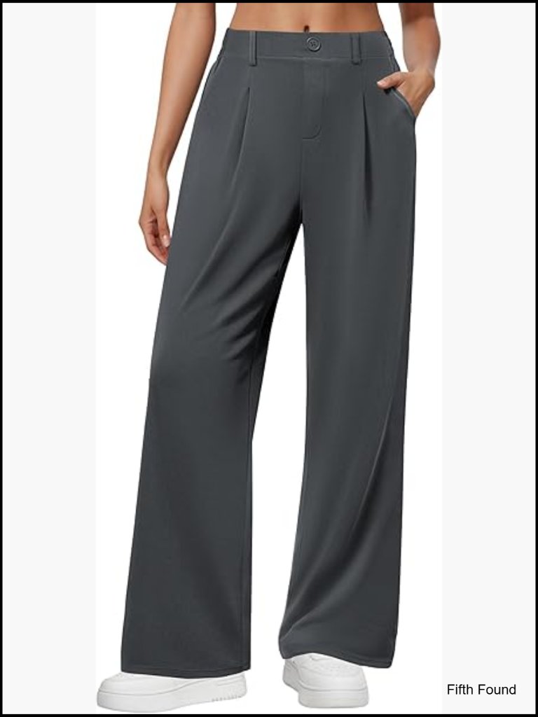 Wide Leg Dress Pants Pull On Elastic High Waisted Work Slacks With Pockets